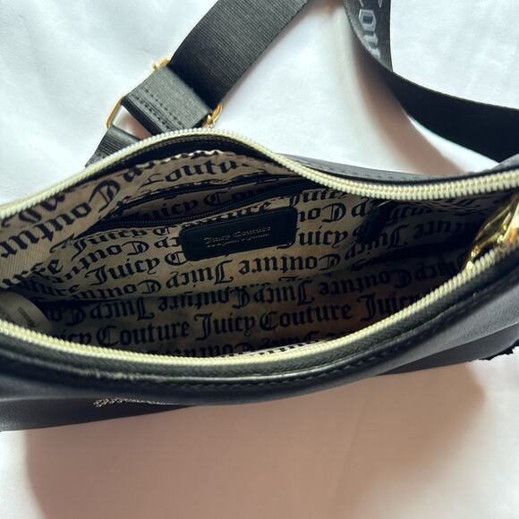 Juicy Couture Black Crossbody Bag Rhinestone Logo Adjustable Designer Minimal - Picture 4 of 8